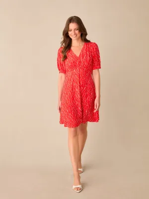 Petite Red Dash Print Shirred Shoulder Short Dress