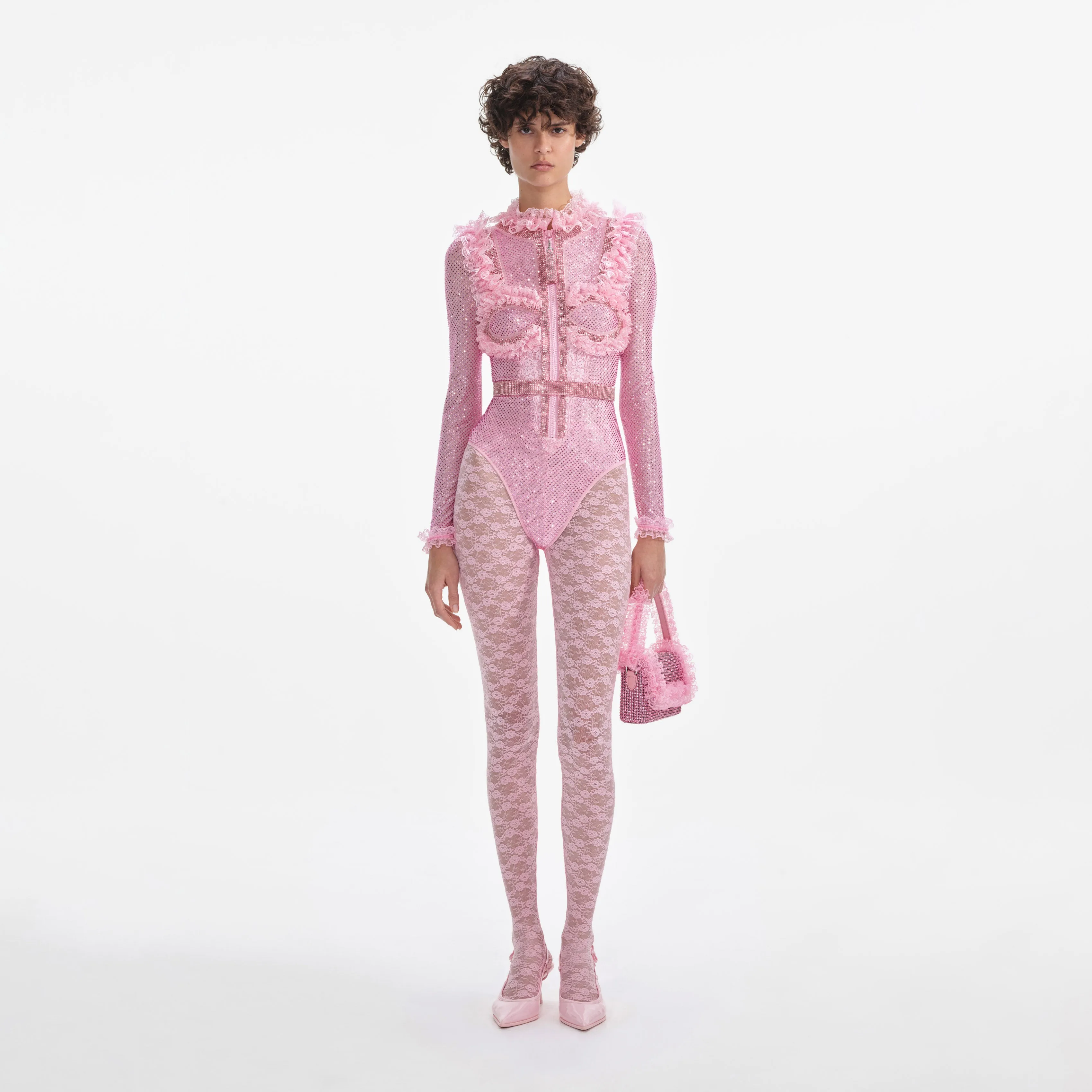 Pink Rhinestone Mesh Ruffle Bodysuit