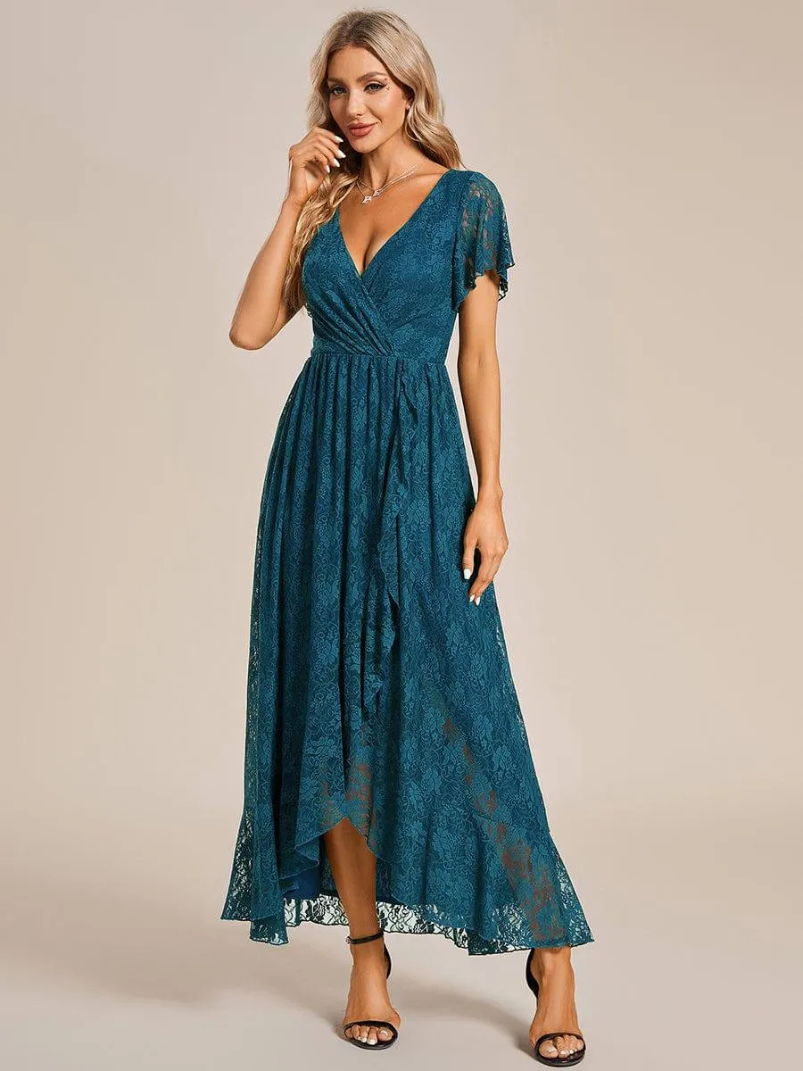 Pleated V-Neck Short Sleeve Ruffled Lace Formal Mother of the Bride Dress