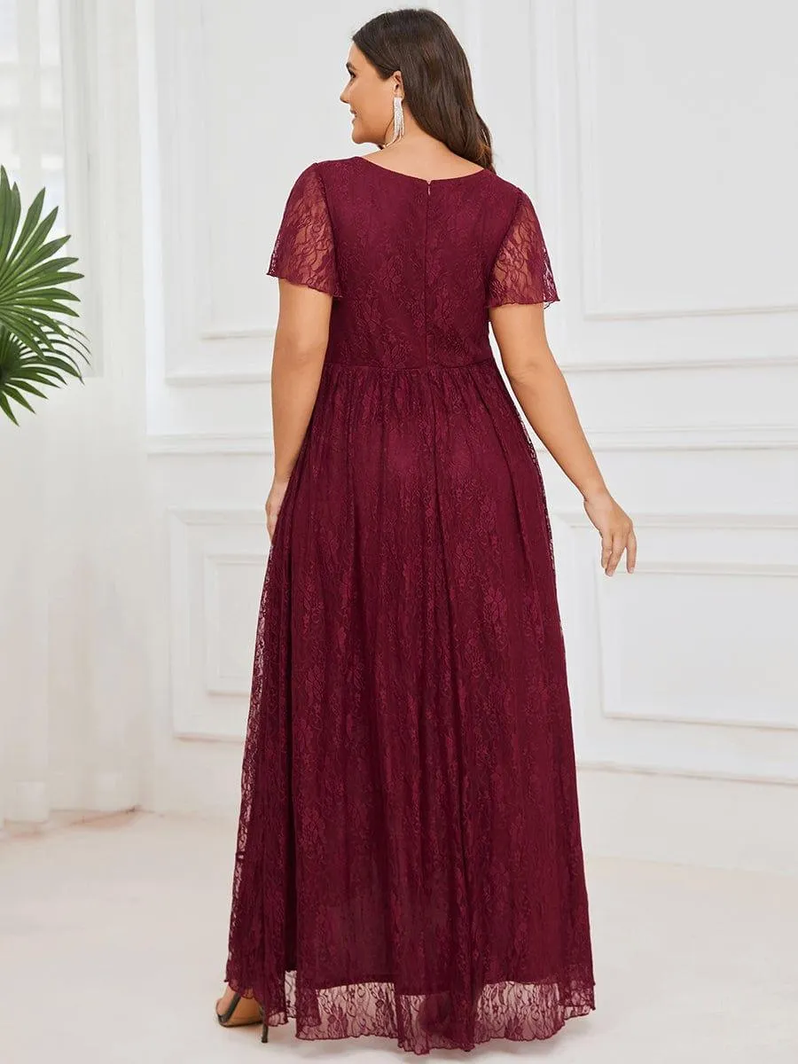 Pleated V-Neck Short Sleeve Ruffled Lace Formal Mother of the Bride Dress