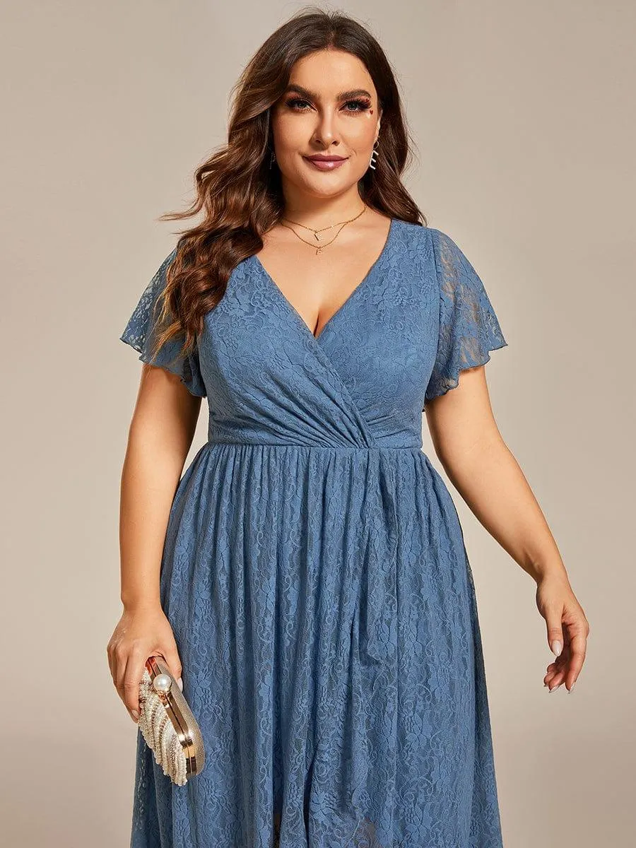 Pleated V-Neck Short Sleeve Ruffled Lace Formal Mother of the Bride Dress