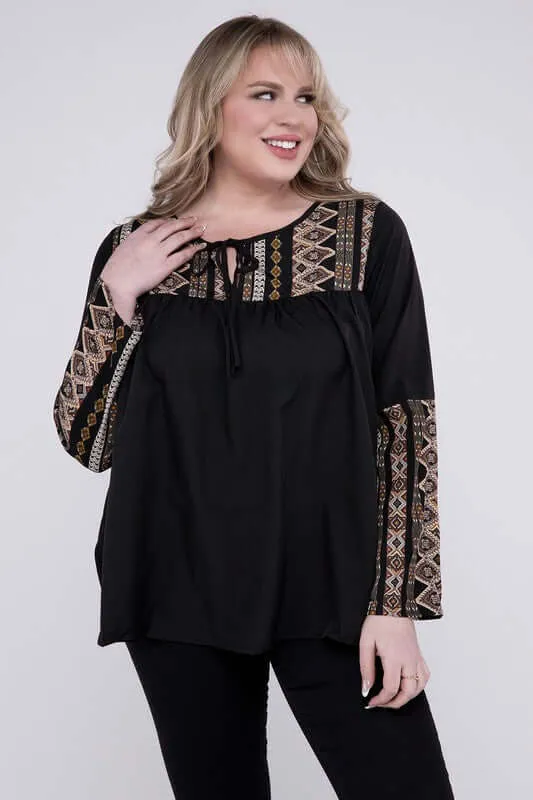 Plus Size Black Tie Neck PatchworkLong Sleeve Blouse