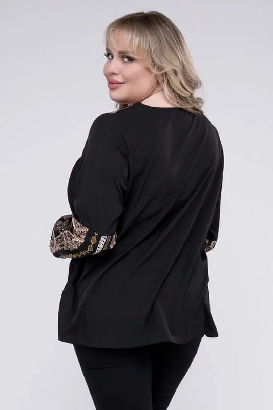 Plus Size Black Tie Neck PatchworkLong Sleeve Blouse