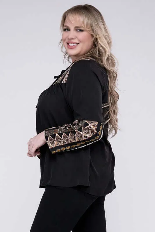 Plus Size Black Tie Neck PatchworkLong Sleeve Blouse