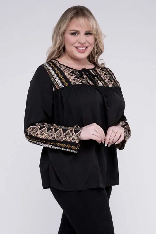 Plus Size Black Tie Neck PatchworkLong Sleeve Blouse