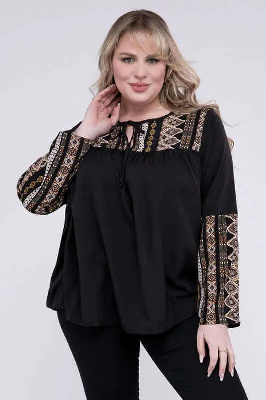 Plus Size Black Tie Neck PatchworkLong Sleeve Blouse