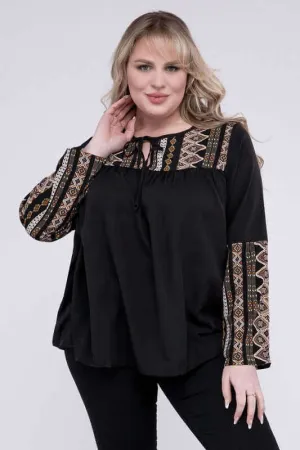 Plus Size Black Tie Neck PatchworkLong Sleeve Blouse