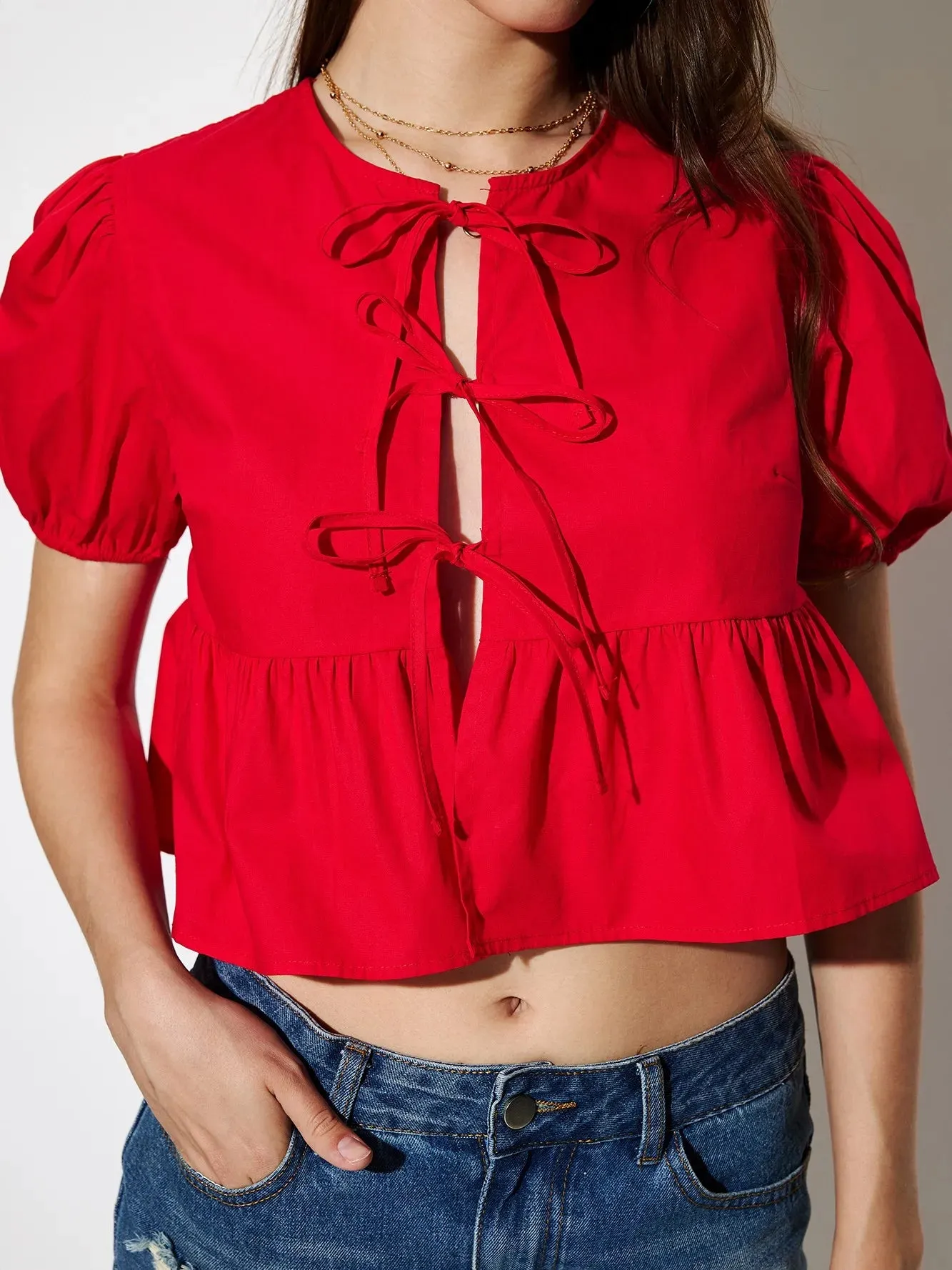 Red Bow Placket Top