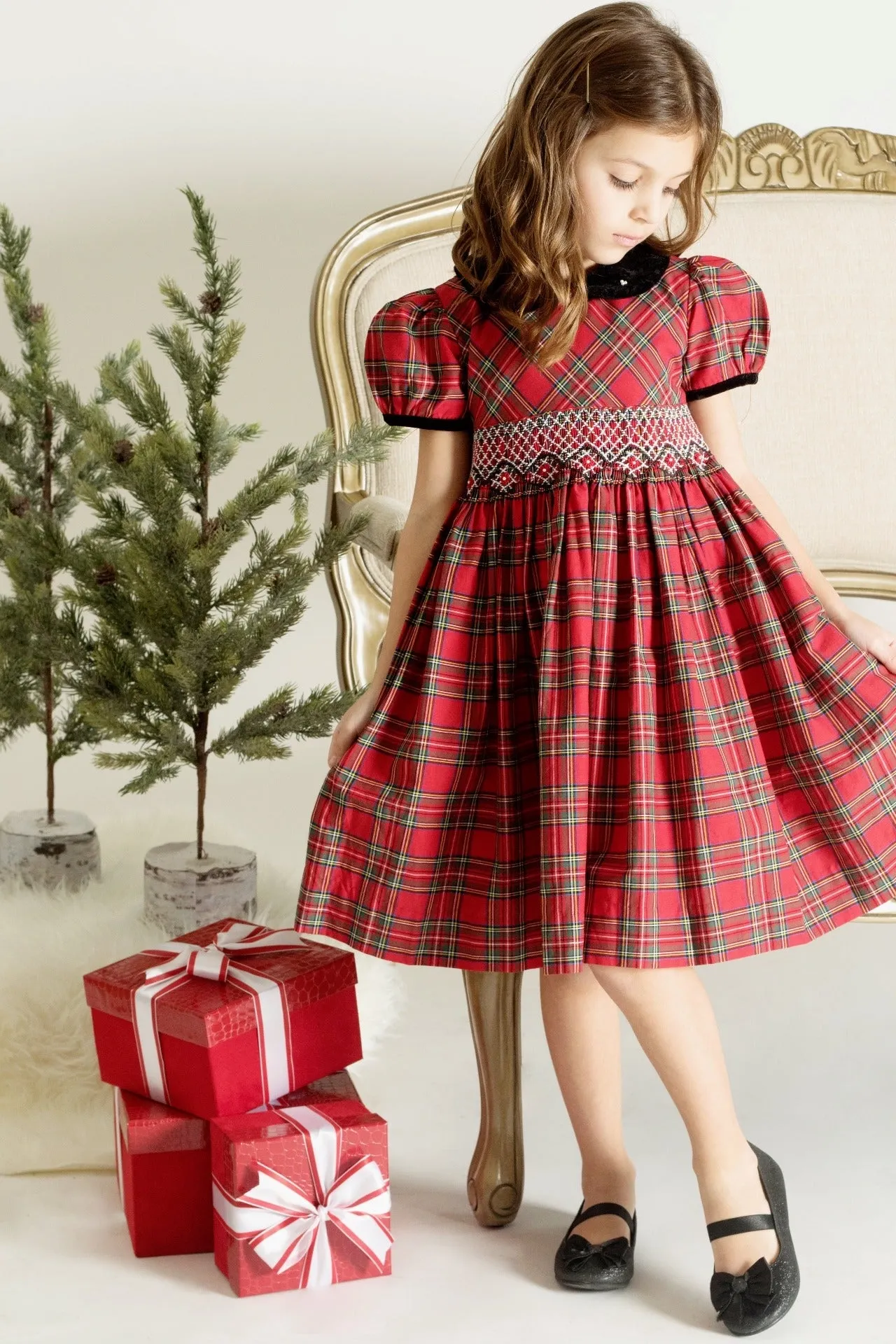 Red Plaid Party Short Sleeve Yoke Dress
