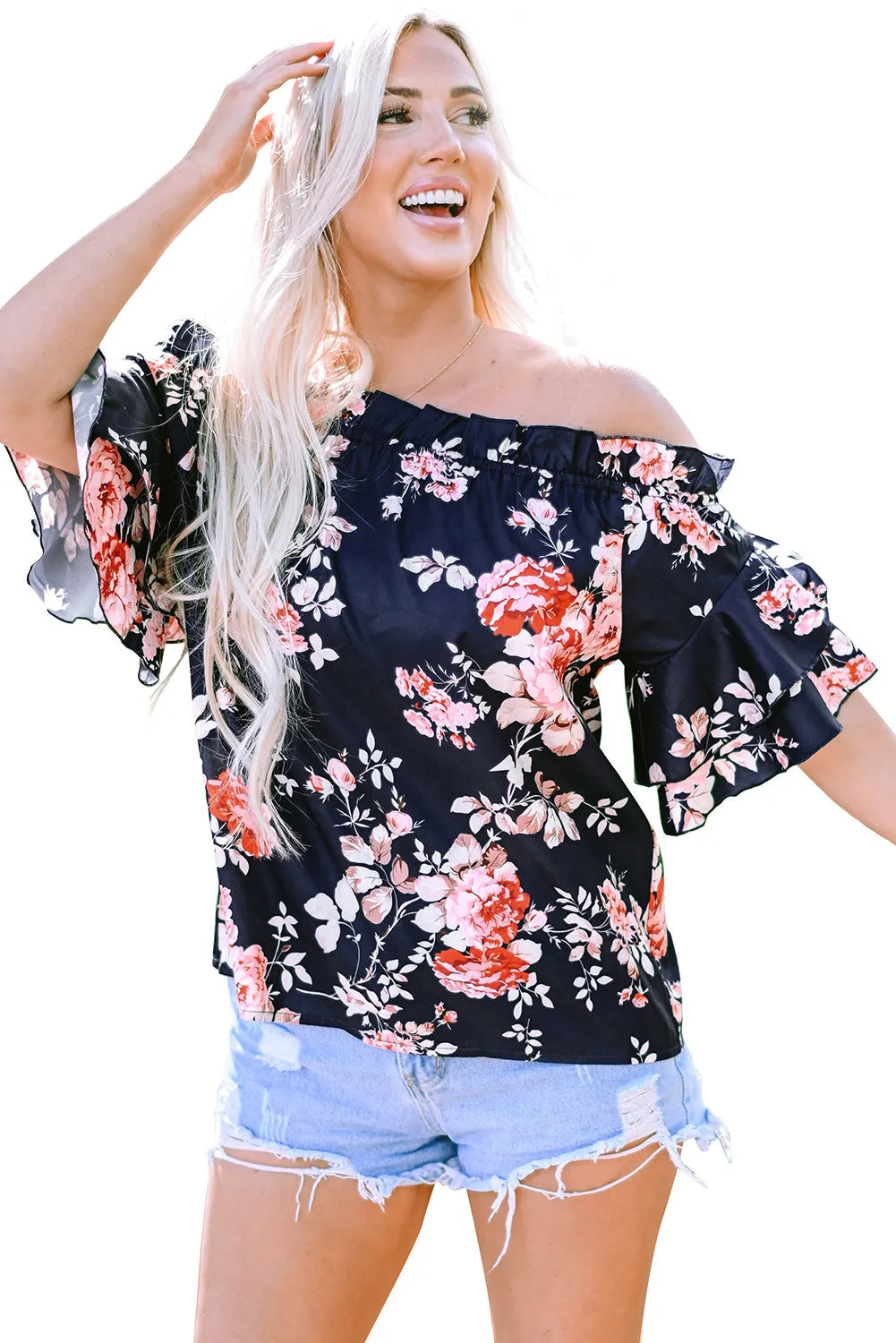 Ruffle Flounce Sleeve Floral Blouse