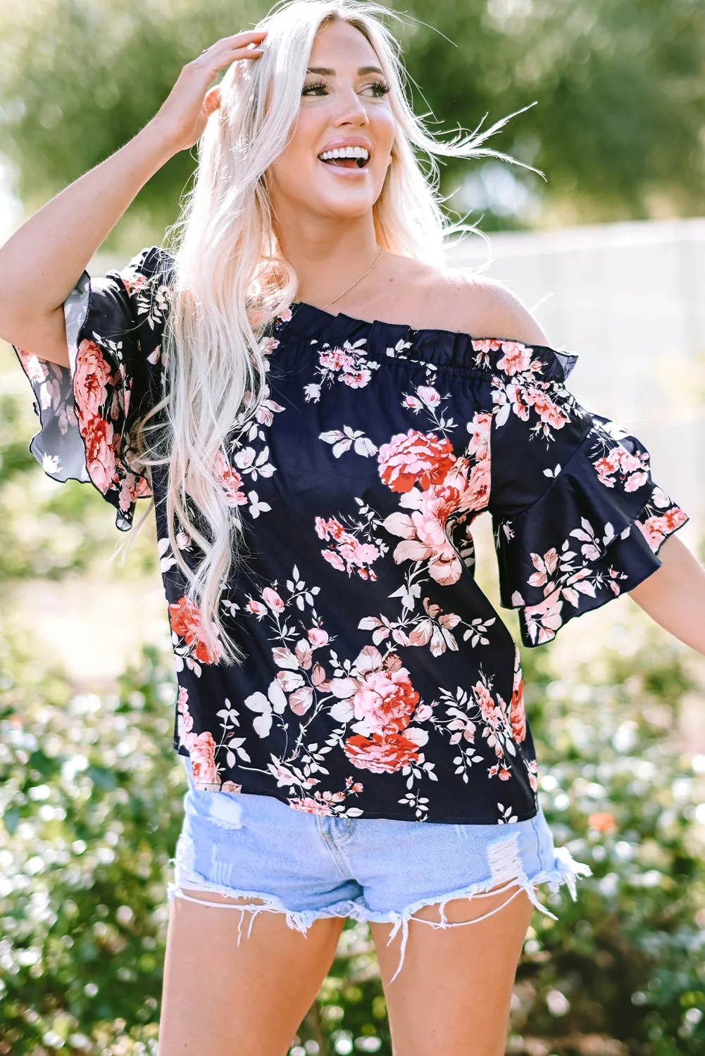 Ruffle Flounce Sleeve Floral Blouse
