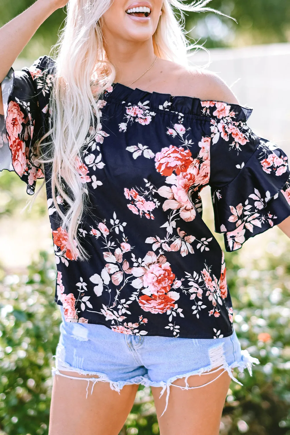Ruffle Flounce Sleeve Floral Blouse