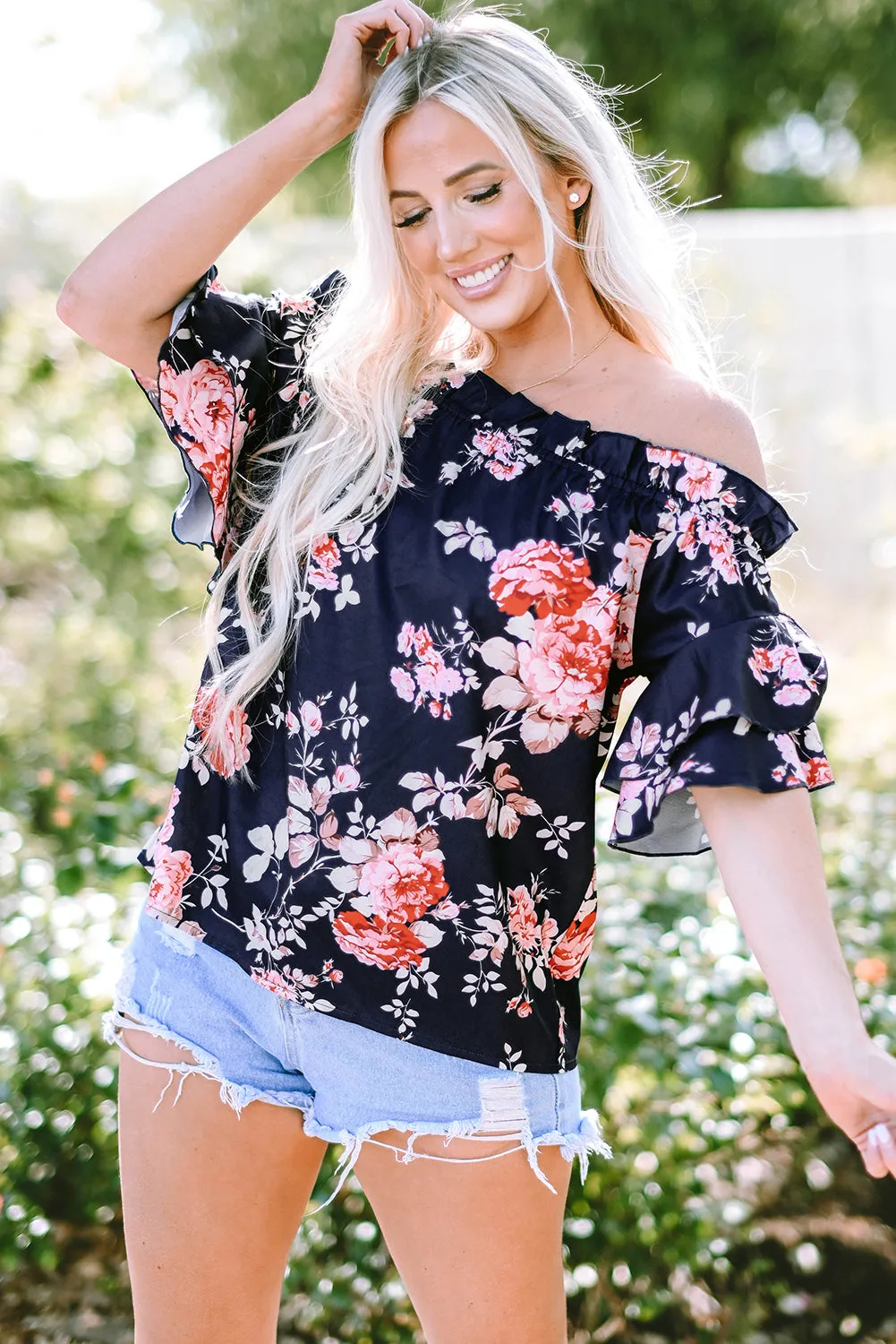 Ruffle Flounce Sleeve Floral Blouse
