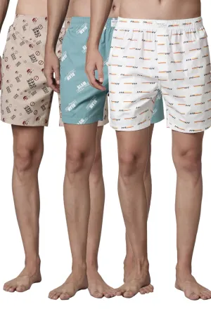 Sea-Foam, Sand-Stone & White Printed 365 Boxers Triplet Combo