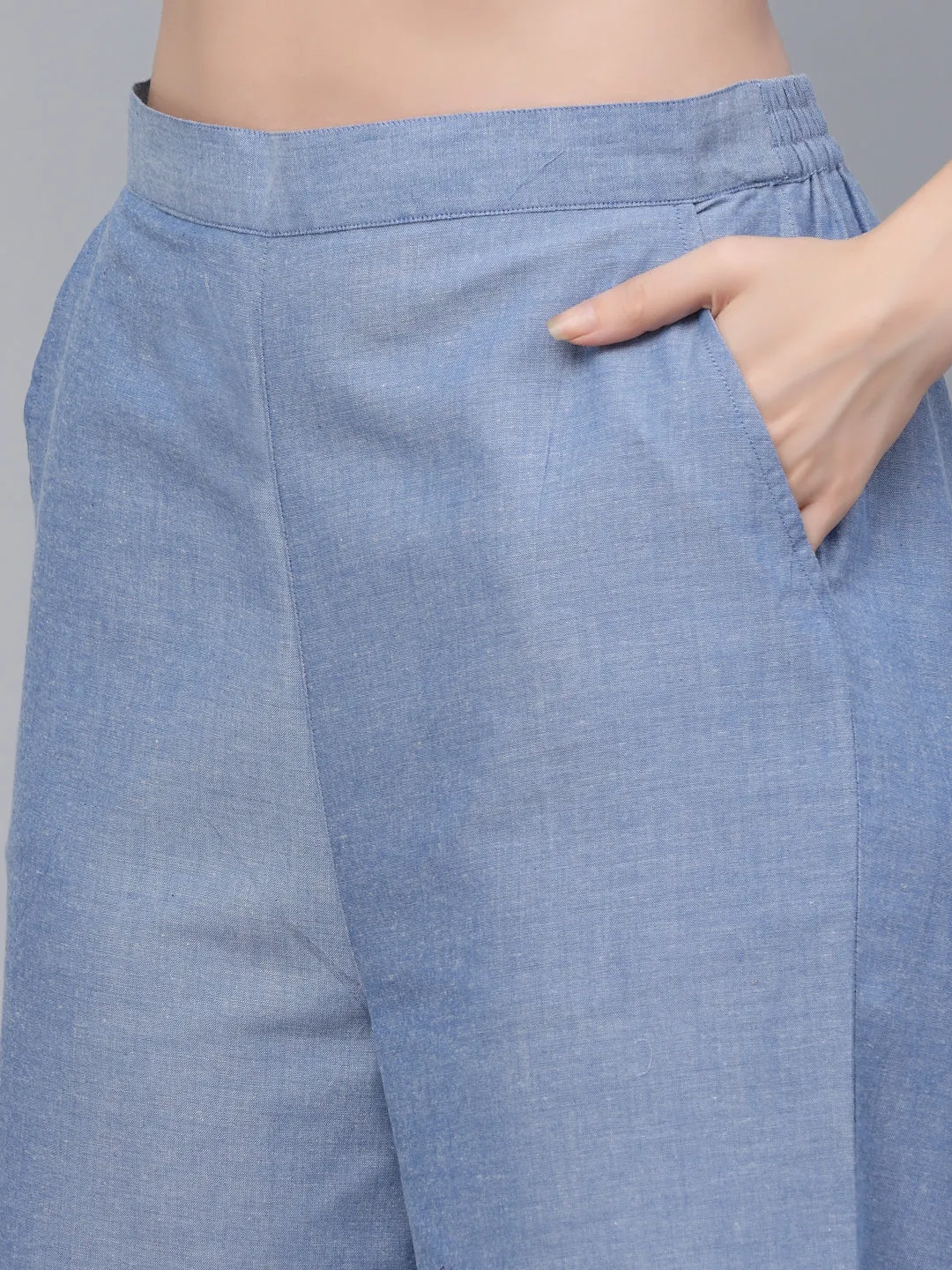 Style Quotients Women Blue Chambray Relax Fit Shit and Pant Co-Ord Set