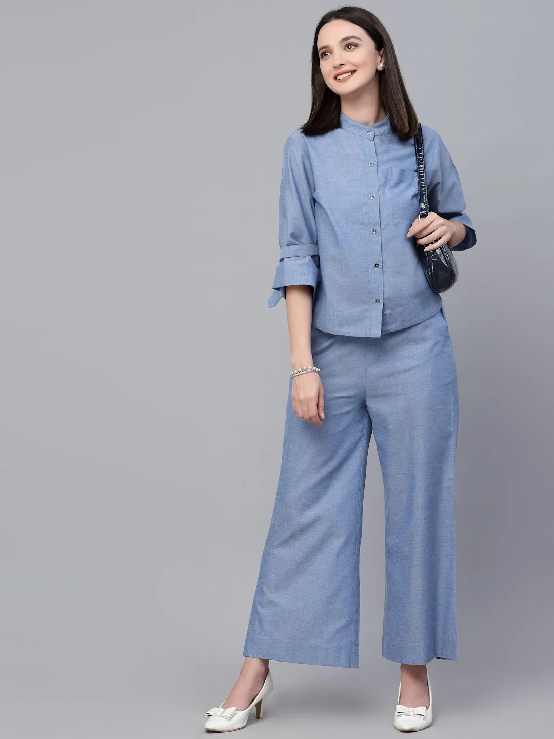 Style Quotients Women Blue Chambray Relax Fit Shit and Pant Co-Ord Set