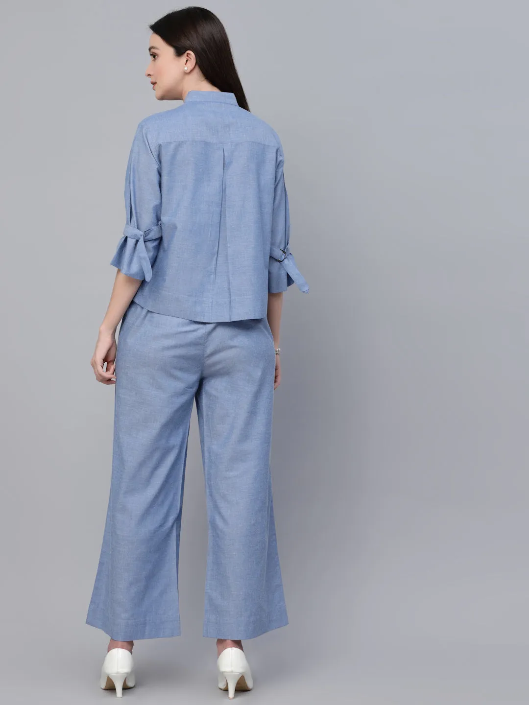 Style Quotients Women Blue Chambray Relax Fit Shit and Pant Co-Ord Set