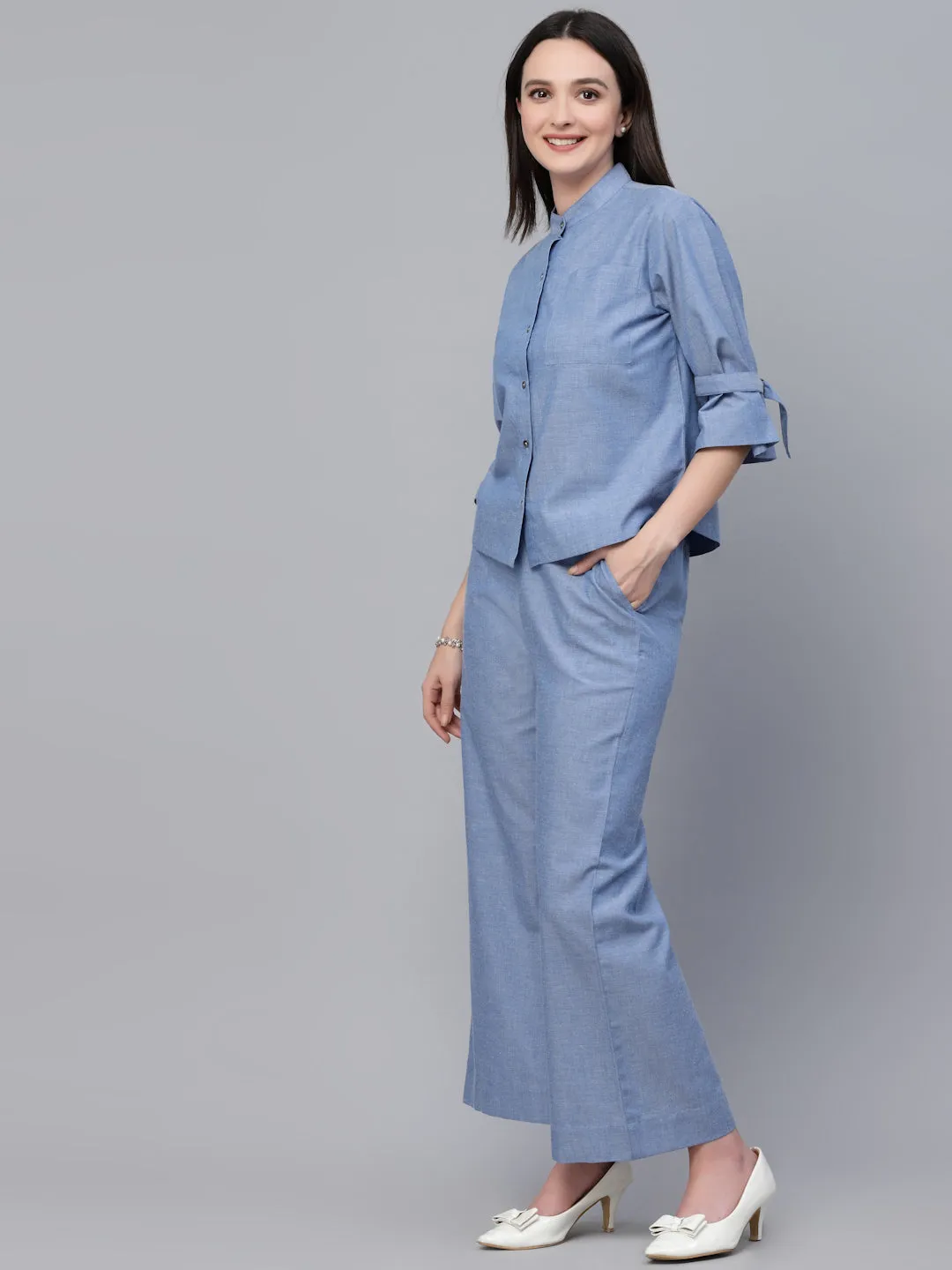 Style Quotients Women Blue Chambray Relax Fit Shit and Pant Co-Ord Set