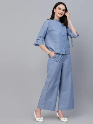 Style Quotients Women Blue Chambray Relax Fit Shit and Pant Co-Ord Set