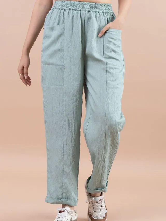 stylish pure viscose relaxed panelled pants with side square patch pockets - Light Green