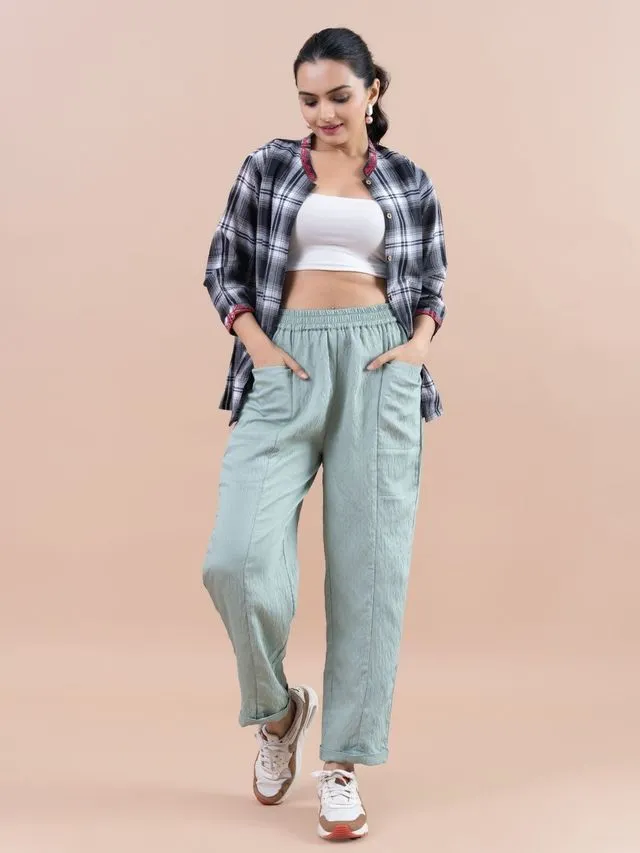stylish pure viscose relaxed panelled pants with side square patch pockets - Light Green