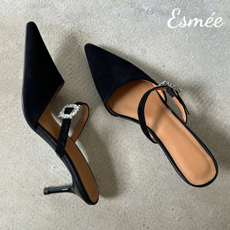 Suede High Heel Mules with Rhinestone Buckle