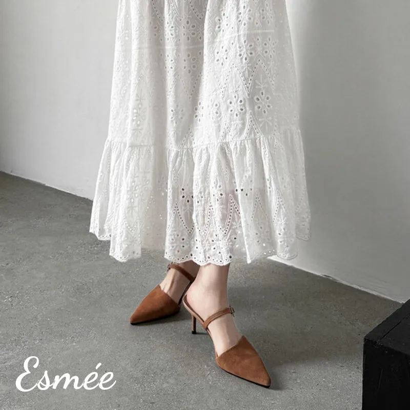 Suede High Heel Mules with Rhinestone Buckle