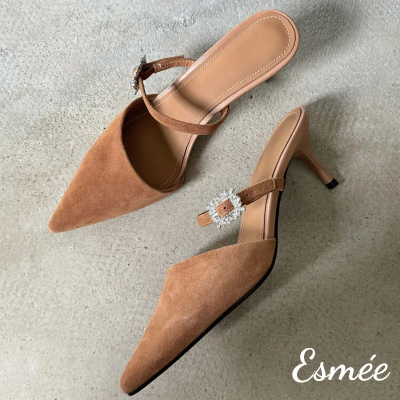 Suede High Heel Mules with Rhinestone Buckle