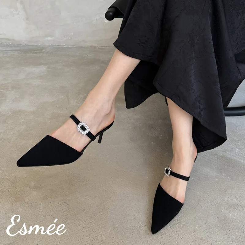 Suede High Heel Mules with Rhinestone Buckle