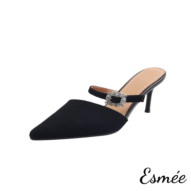 Suede High Heel Mules with Rhinestone Buckle