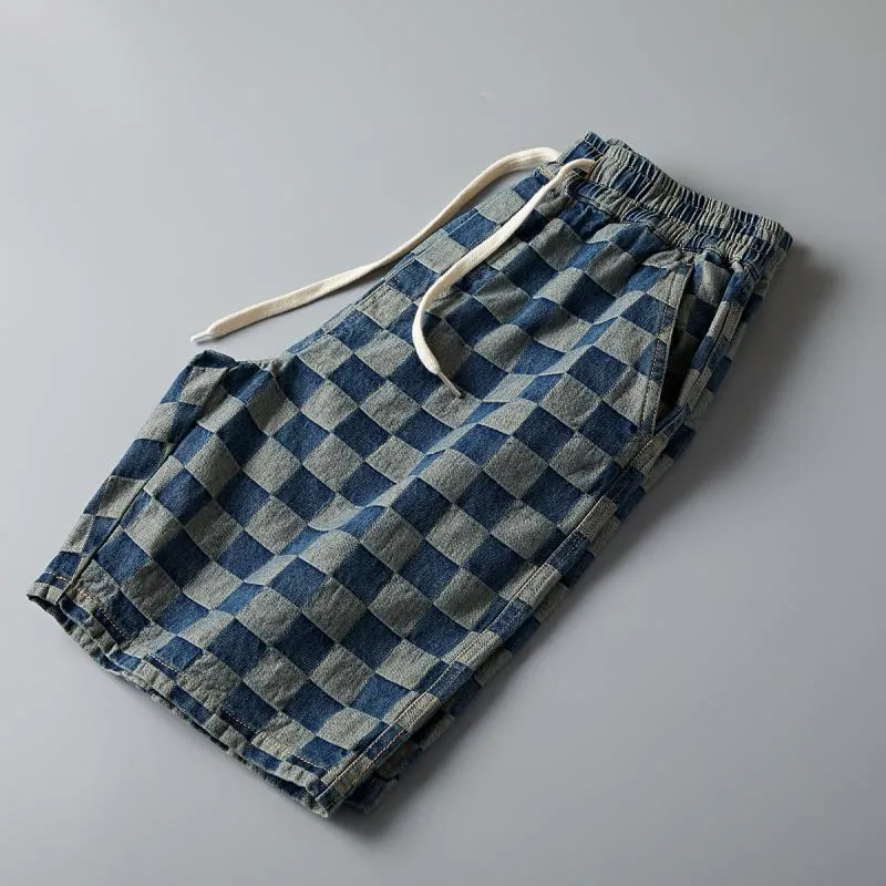 Summer Men Denim knee length Young Trendy Pants Loose Chequered Shorts