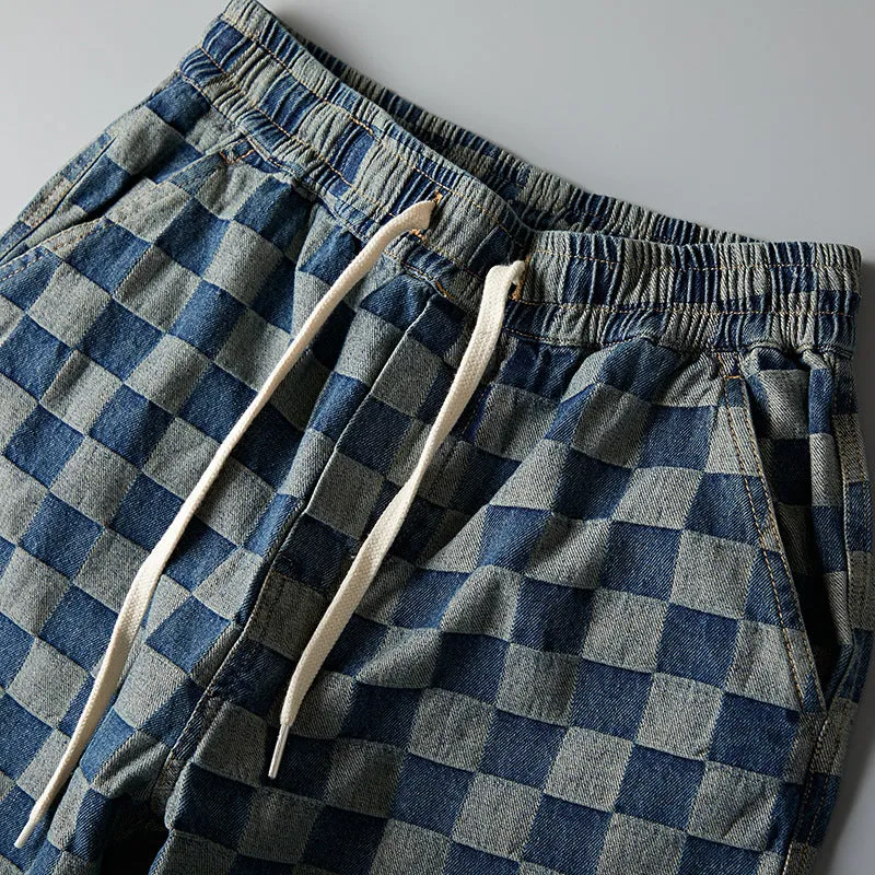 Summer Men Denim knee length Young Trendy Pants Loose Chequered Shorts