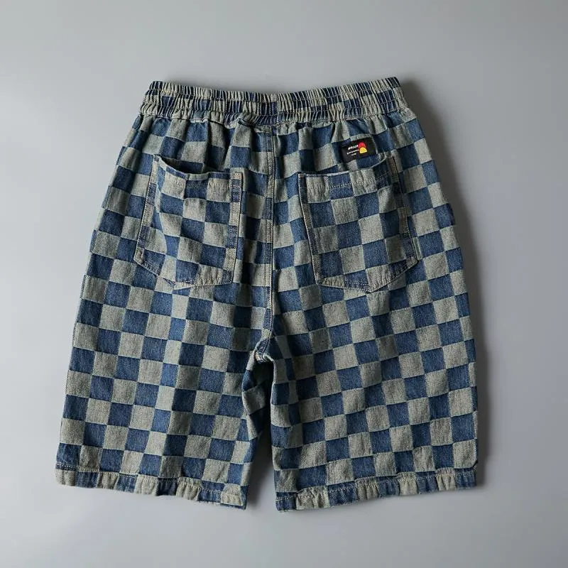 Summer Men Denim knee length Young Trendy Pants Loose Chequered Shorts