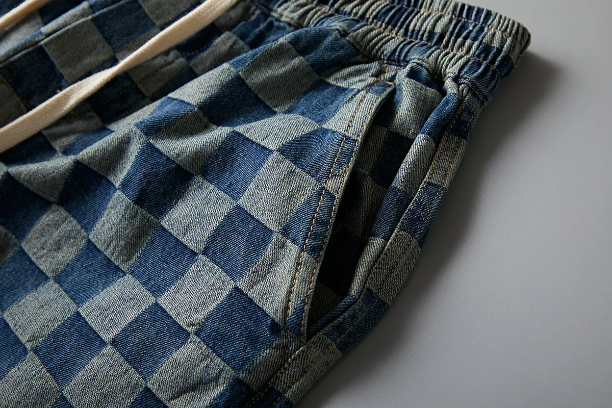 Summer Men Denim knee length Young Trendy Pants Loose Chequered Shorts
