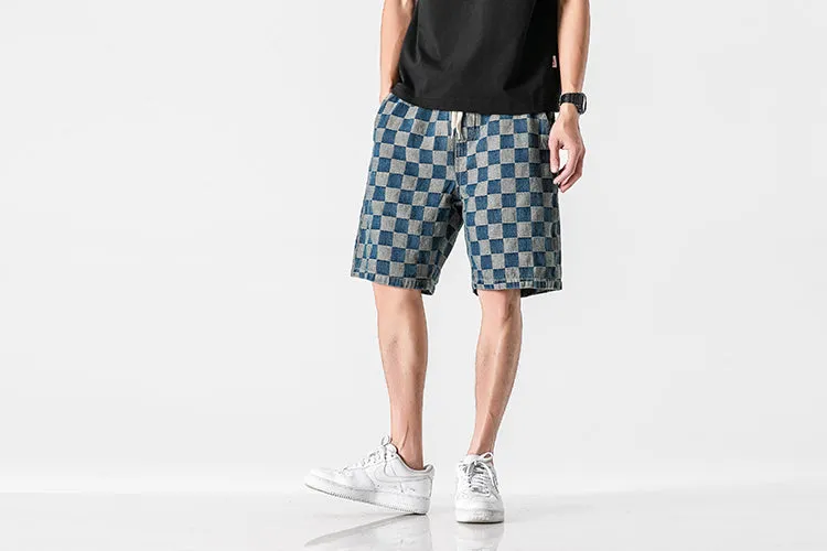Summer Men Denim knee length Young Trendy Pants Loose Chequered Shorts