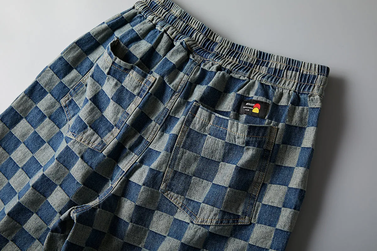 Summer Men Denim knee length Young Trendy Pants Loose Chequered Shorts