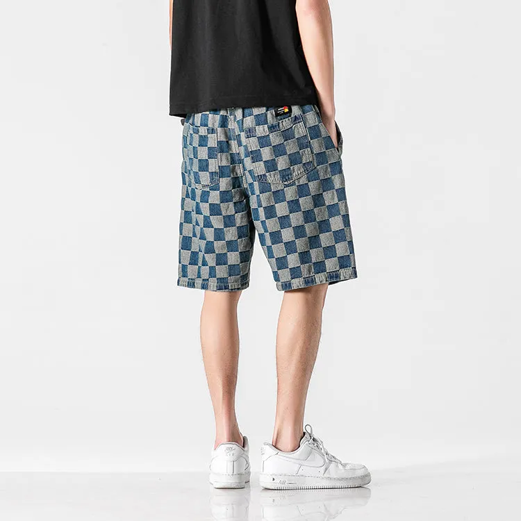 Summer Men Denim knee length Young Trendy Pants Loose Chequered Shorts