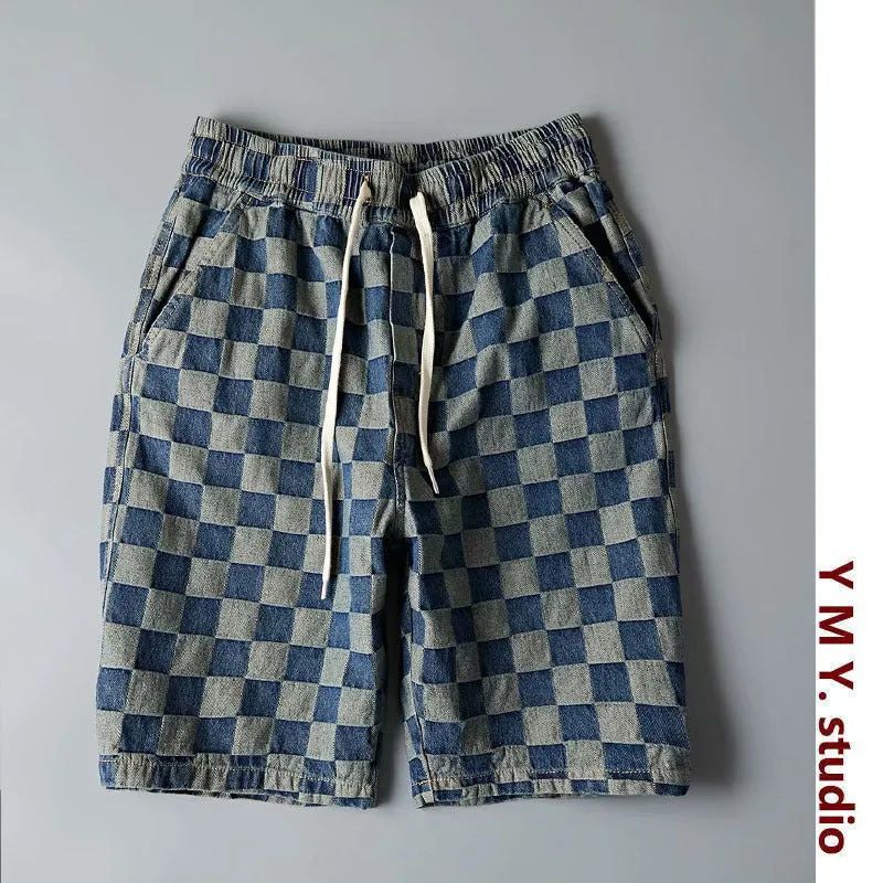 Summer Men Denim knee length Young Trendy Pants Loose Chequered Shorts