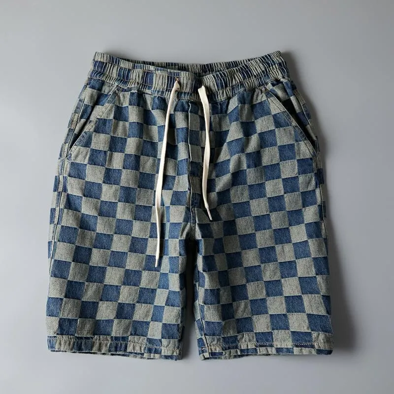 Summer Men Denim knee length Young Trendy Pants Loose Chequered Shorts