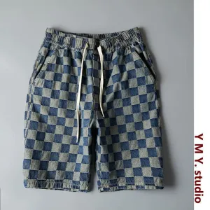 Summer Men Denim knee length Young Trendy Pants Loose Chequered Shorts