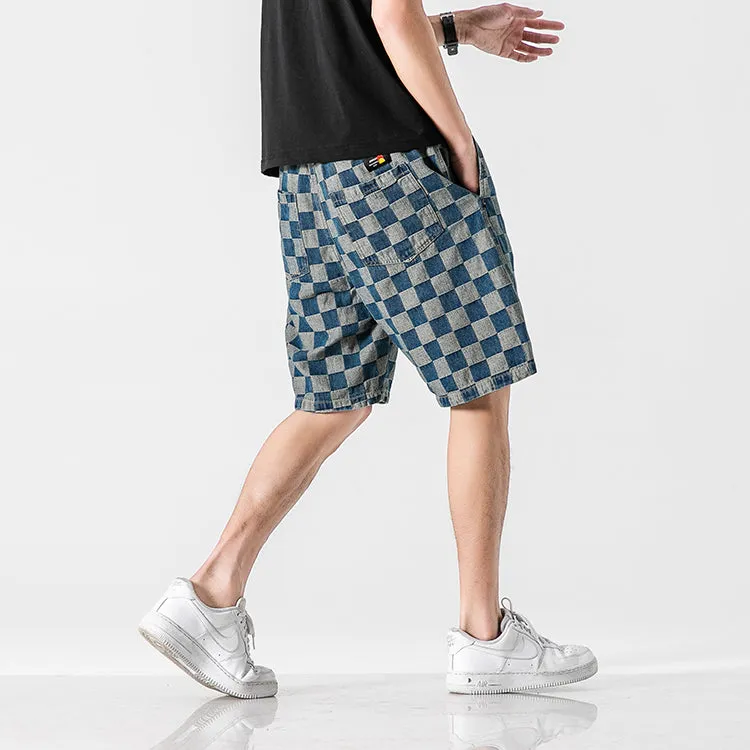 Summer Men Denim knee length Young Trendy Pants Loose Chequered Shorts