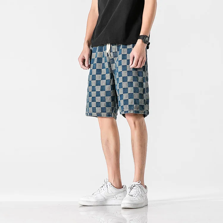 Summer Men Denim knee length Young Trendy Pants Loose Chequered Shorts