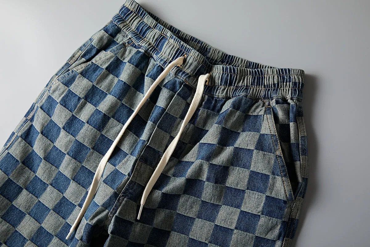 Summer Men Denim knee length Young Trendy Pants Loose Chequered Shorts