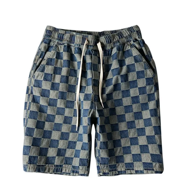 Summer Men Denim knee length Young Trendy Pants Loose Chequered Shorts