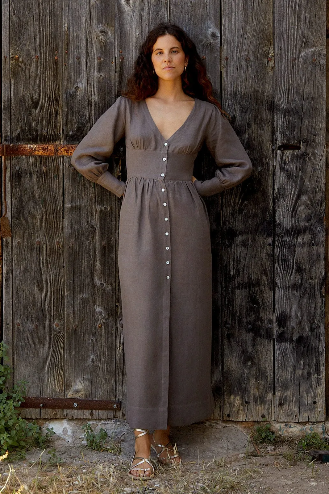 The Gertrude Linen Maxi Dress in mocha