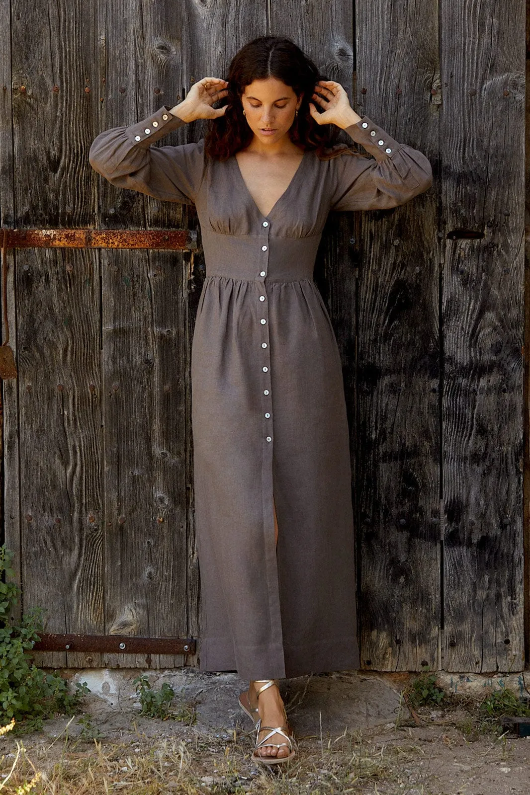 The Gertrude Linen Maxi Dress in mocha