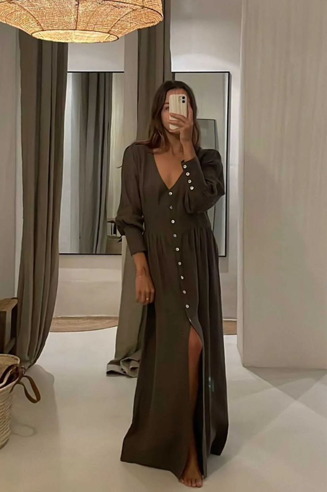 The Gertrude Linen Maxi Dress in mocha