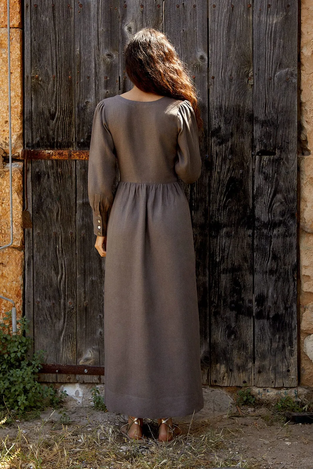 The Gertrude Linen Maxi Dress in mocha