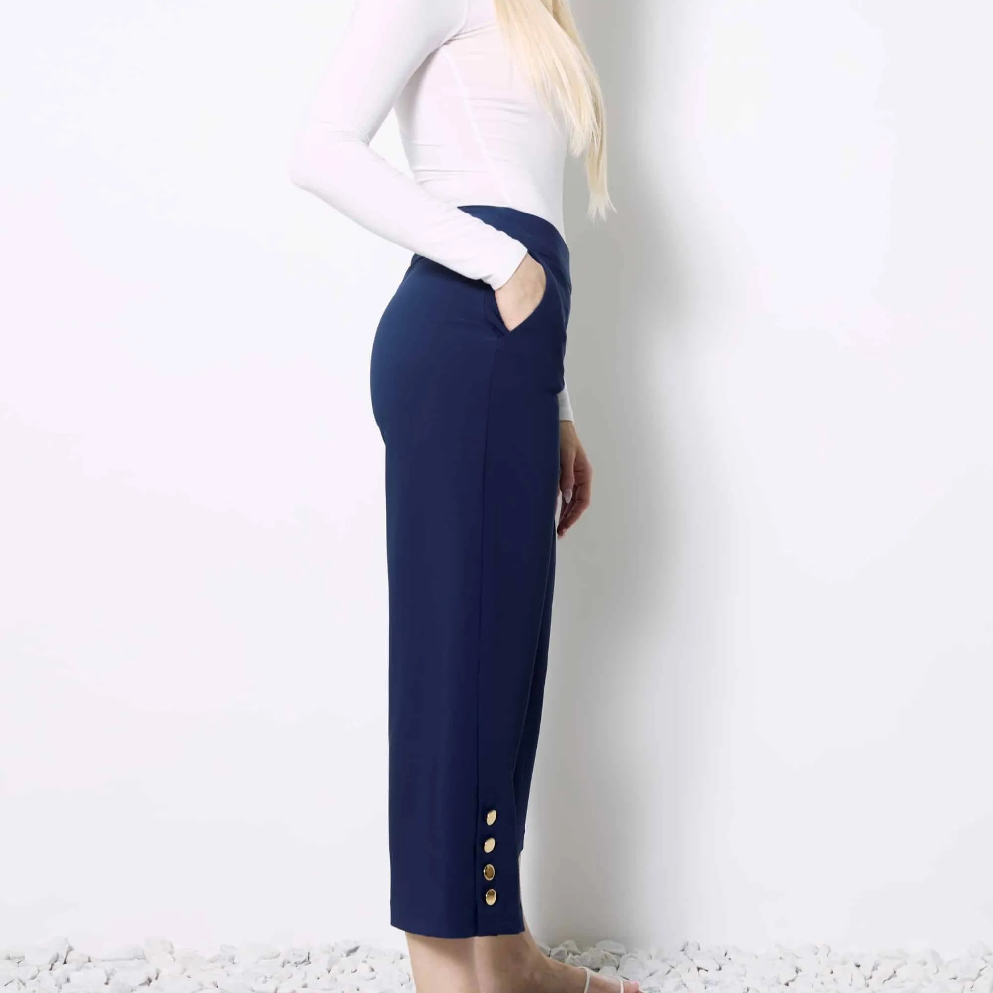 UP! - Solid Amalfi Wide Leg Cropped Pant - Navy