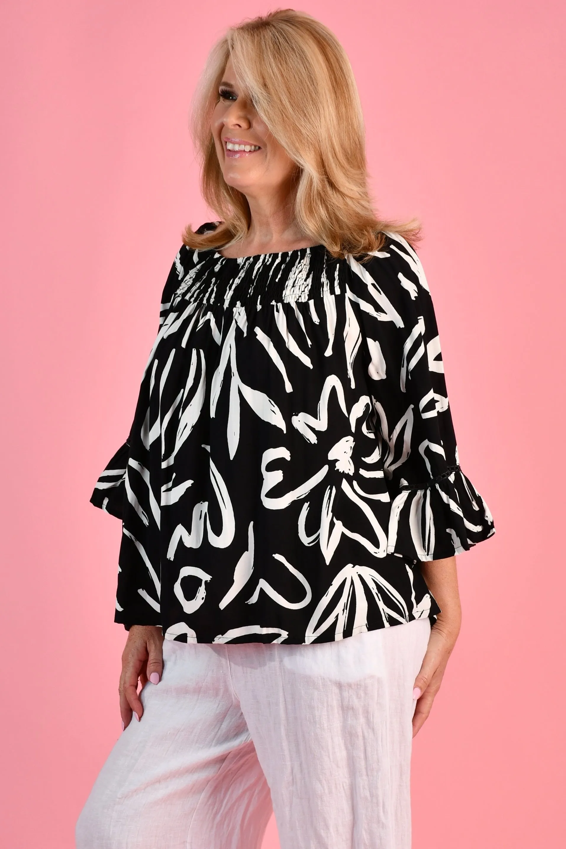 VBLT113 - ROUCHED BELL SLEEVE TOP - PICASSO'S GARDEN BLACK